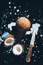 top view of coconuts, knife and coconut milk Royalty Free Stock Photo